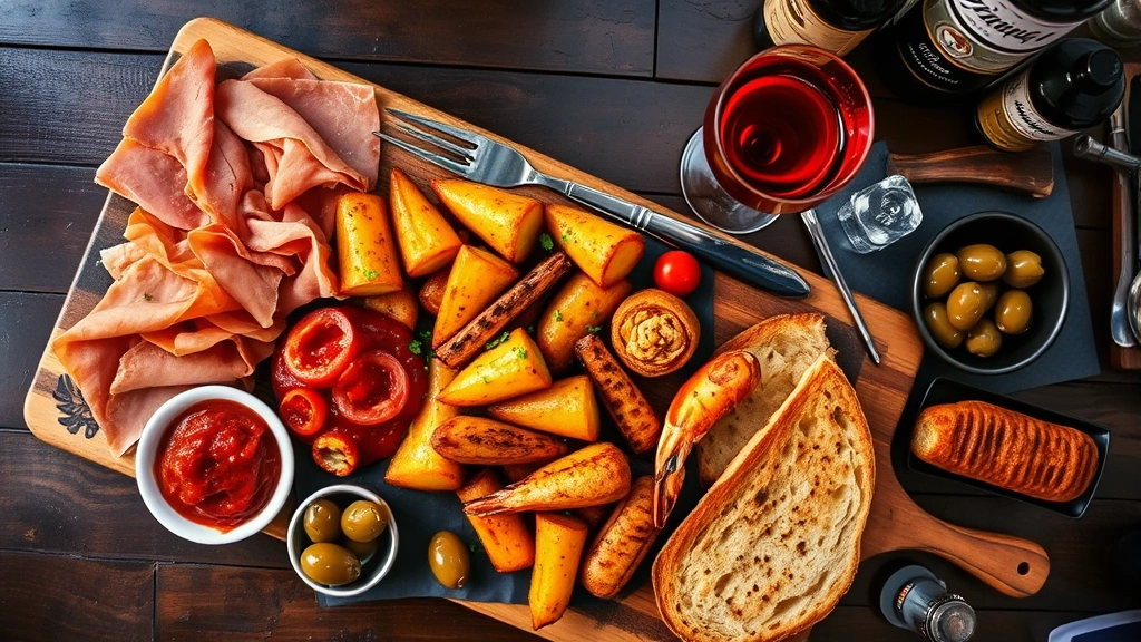 Overhead shot of authentic Spanish tapas spread on wooden board: jamón ibérico, patatas bravas with paprika sauce, grilled gambas, pan con tomate, croquetas, olives, and vermouth glass, warm Mediterranean lighting, rustic Barcelona bar setting