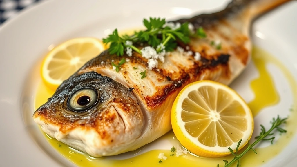 Close-up of perfectly seared Mediterranean sea bass fillet with crispy skin, lemon wedge, sea salt flakes, fresh herbs, and olive oil drizzle on white plate, professional restaurant plating, Mediterranean coastal ambiance