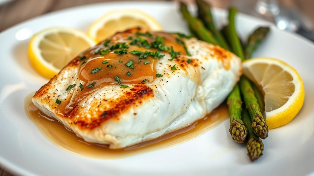 Pan-seared flounder fillet with golden-brown crispy skin, topped with brown butter sauce and fresh herbs, served on white plate with lemon wedges and asparagus, soft natural lighting, high-end restaurant plating