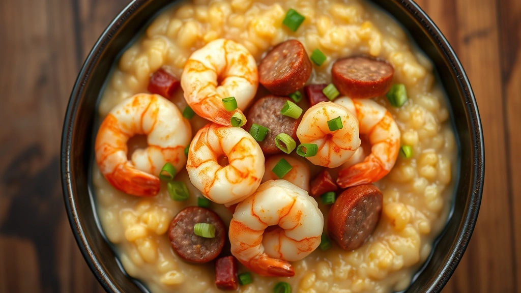 Overhead shot of shrimp and grits in creamy stone-ground cornmeal with plump local shrimp, andouille sausage pieces, and green onion garnish, shallow depth of field, warm golden lighting