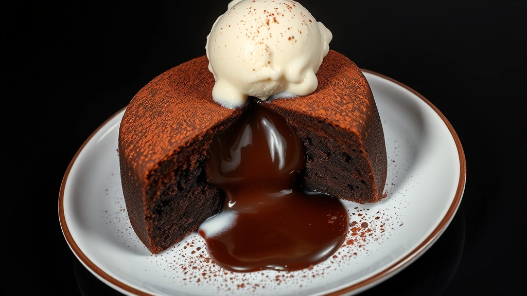 Chocolate lava cake cross-section with molten chocolate center flowing onto plate, melting vanilla ice cream, dusted with cocoa powder, elegant dessert presentation, studio lighting