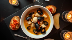 Overhead shot of Bastille's signature Bouillabaisse in white ceramic bowl, swimming with halibut, mussels, clams, and langoustines in golden saffron broth, accompanied by rouille-topped crostini and aged Gruyère on dark slate table with candlelight reflection