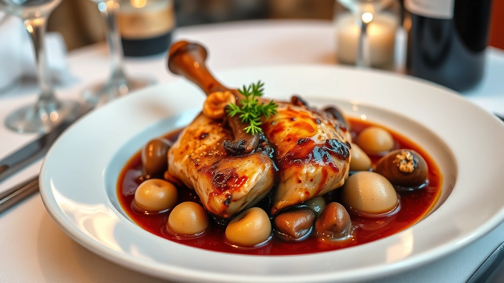 Plated Coq au Vin with burgundy wine-braised chicken thigh, pearl onions, mushrooms, and rich glossy sauce, garnished with fresh thyme, served on white porcelain with soft restaurant ambient lighting and blurred elegant table setting background