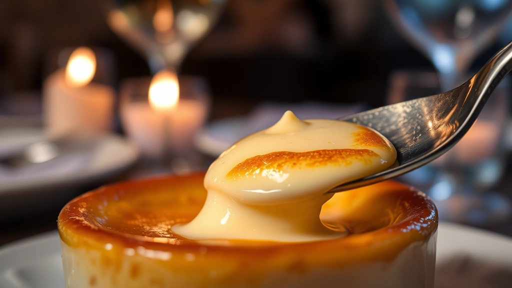 Close-up of crème brûlée with caramelized sugar crust being cracked by silver spoon, revealing silky vanilla custard interior, with candlelit restaurant ambiance and wine glass blurred in background, emphasizing the luxurious texture and golden caramelized top