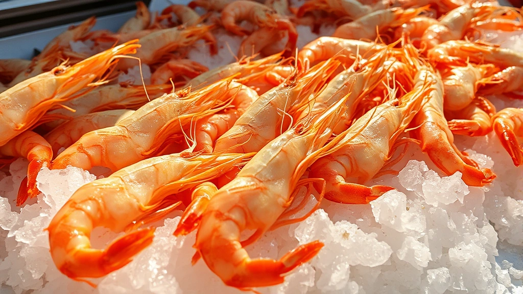 Fresh local North Carolina shrimp glistening with seawater on crushed ice at a seafood market, golden afternoon light highlighting their translucent quality and natural shine