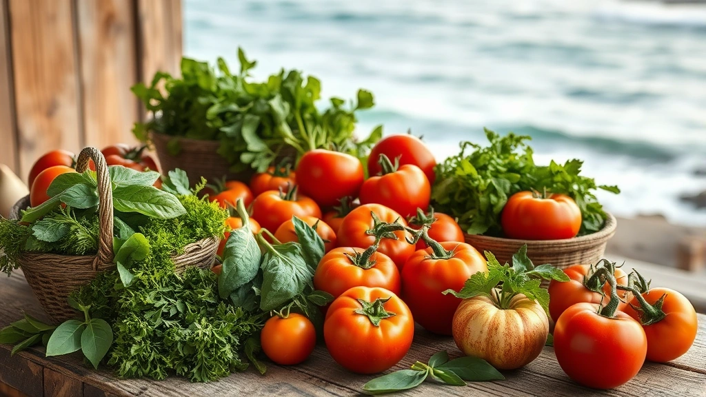 Rustic wooden table laden with fresh heirloom tomatoes, local greens, fresh herbs, and coastal vegetables with ocean water visible in soft-focused background
