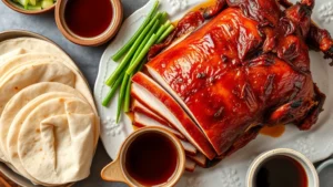 Overhead shot of perfectly roasted Peking Duck with crispy mahogany skin, sliced tableside, accompanied by steamed pancakes, fresh scallions, cucumber slices, and glossy plum sauce in small ceramic bowl, warm professional kitchen lighting