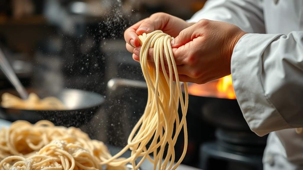 Close-up of chef's hands pulling and stretching hand-made noodle dough, showing the elasticity and technique, flour dust in air, wok flames visible in blurred background, authentic Beijing restaurant kitchen