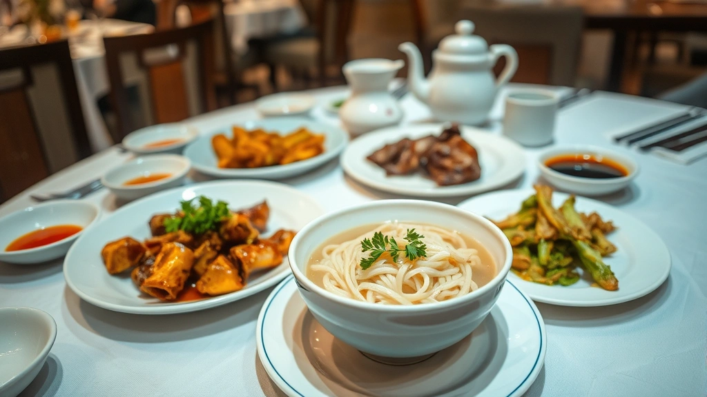 Artfully plated Beijing cuisine spread featuring multiple dishes: steaming bowl of noodles with garnish, roasted meat preparation, vegetable dish, and small sauce bowls, arranged on traditional Chinese serving table with tea service, soft ambient restaurant lighting