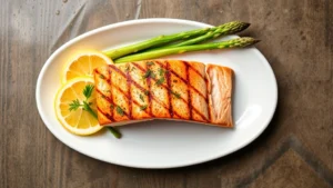 Overhead shot of a cedar plank-grilled wild salmon fillet with lemon wedges, fresh dill, and roasted asparagus on a white ceramic plate, water droplets visible, professional restaurant plating