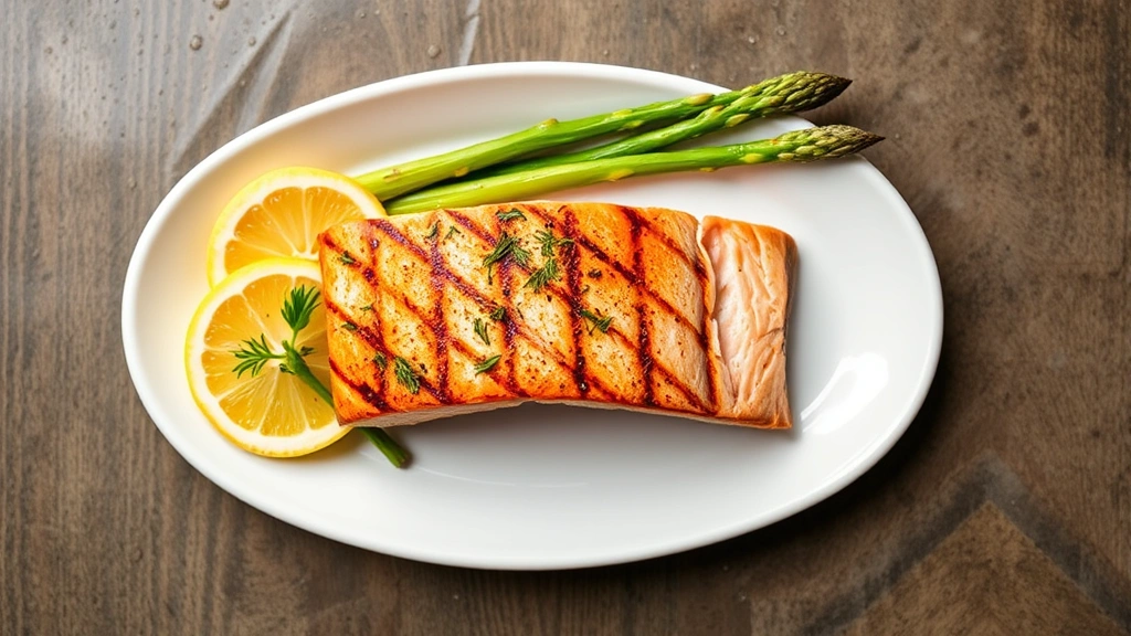 Overhead shot of a cedar plank-grilled wild salmon fillet with lemon wedges, fresh dill, and roasted asparagus on a white ceramic plate, water droplets visible, professional restaurant plating
