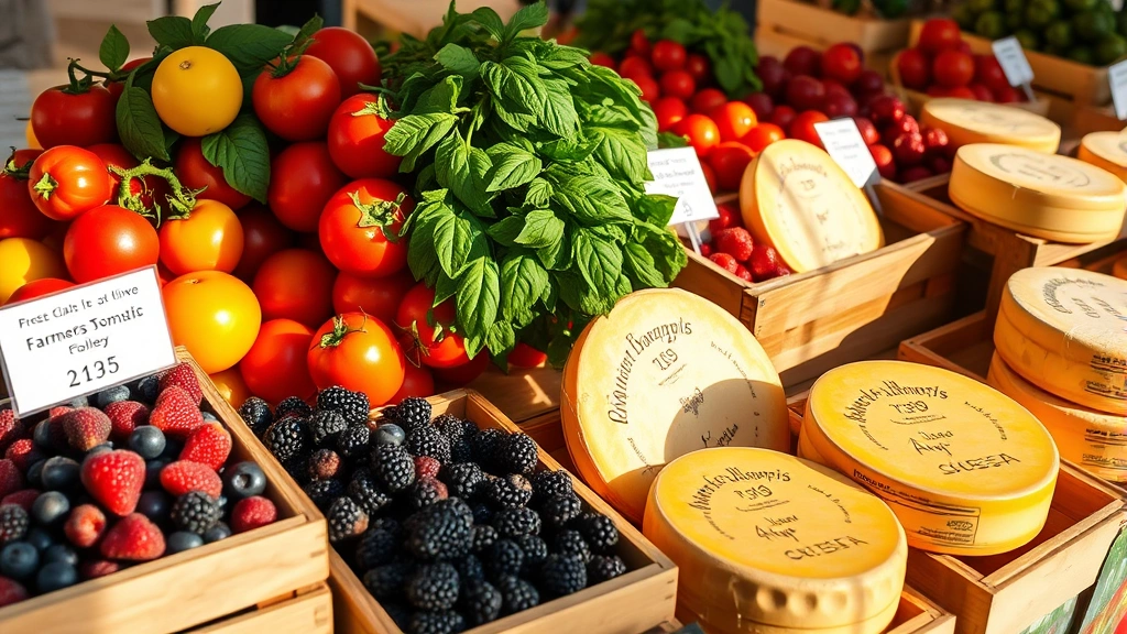 Farmers market display with vibrant heirloom tomatoes, fresh basil bundles, local berries in wooden crates, and artisanal cheese wheels, morning sunlight creating shadows