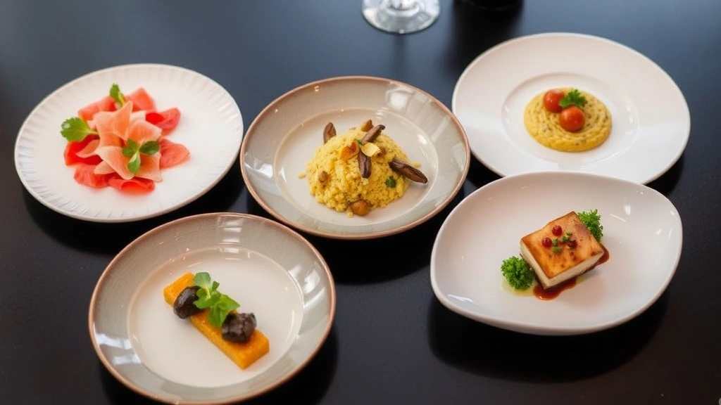 Multi-course tasting menu progression showing five small elegant plates with varied colors and preparations - carpaccio, risotto, roasted vegetables, protein dish, and dessert arranged artistically on dark table