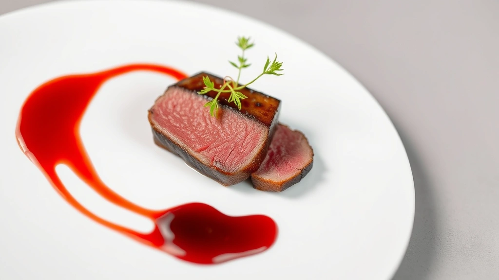 Perfectly seared duck breast with cherry gastrique, micro shiso, and cherry wood ash on a minimalist white plate, professional fine dining plating