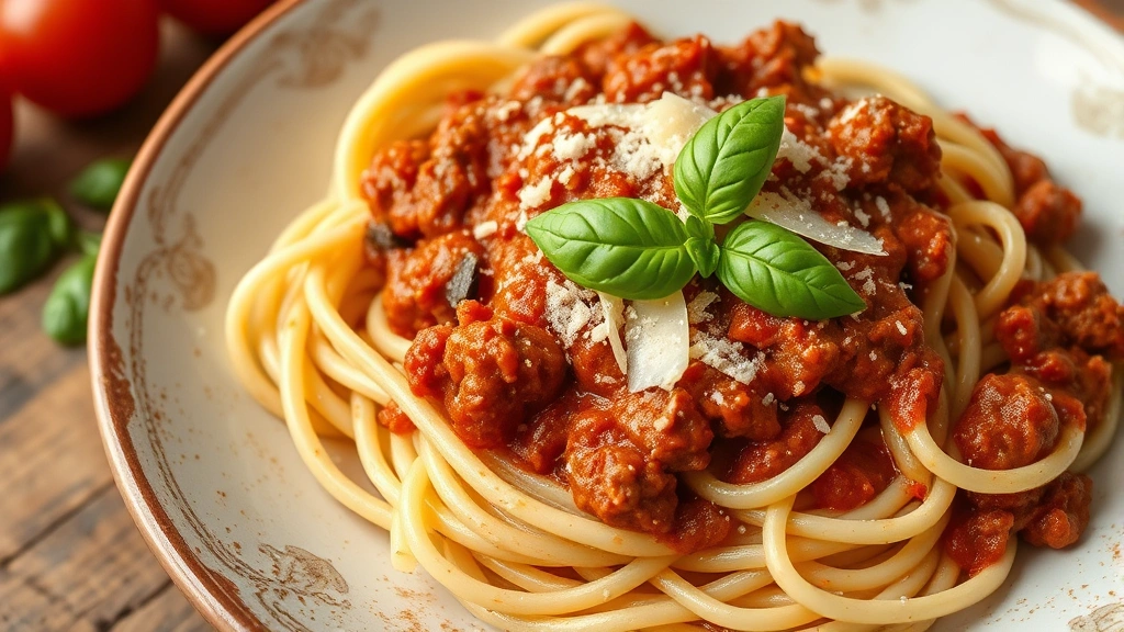 Handmade fresh pasta with rich meat ragù sauce, garnished with fresh basil and grated Parmigiano-Reggiano, rustic Italian presentation
