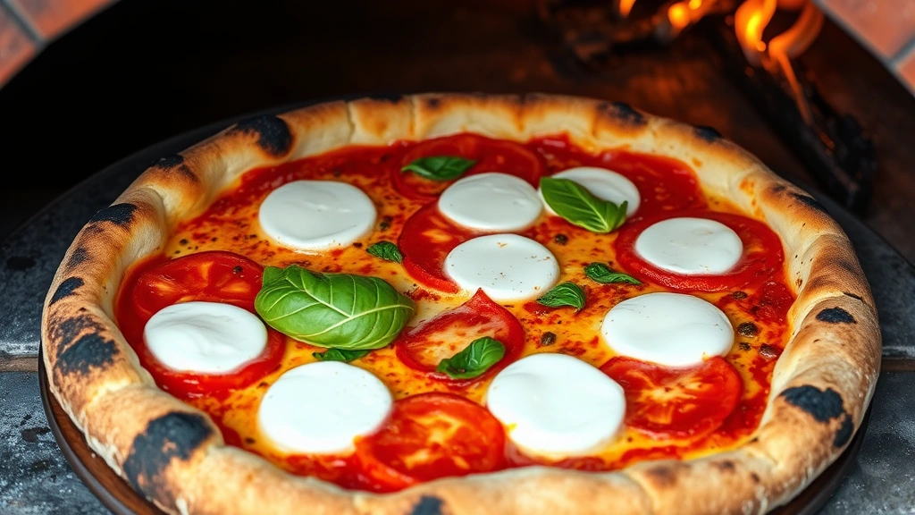 Wood-fired Neapolitan pizza with charred crust, fresh mozzarella di bufala, San Marzano tomatoes, and basil, emerging from traditional brick oven