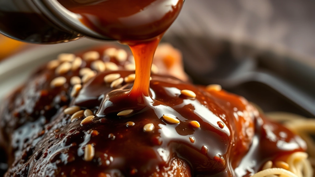 Close-up of traditional Mexican mole sauce being poured over chicken, rich dark brown color with visible chile texture, garnished with sesame seeds, steam rising, warm lighting highlighting glossy surface