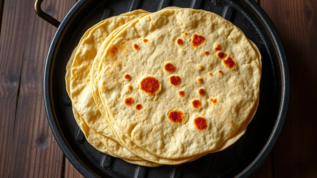 Overhead view of freshly made corn tortillas stacked on a traditional comal griddle, golden-brown with light char marks, steam wisping upward, rustic wooden table background, natural daylight
