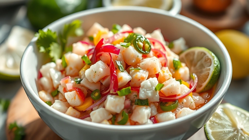 Vibrant Mexican seafood ceviche in a white bowl, diced white fish with lime juice cure, red onion, cilantro, jalapeño, avocado visible, citrus wedges on side, bright natural lighting, shallow depth of field