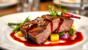 Perfectly seared duck breast with crispy mahogany skin, cherry gastrique drizzle, and colorful spring vegetables on white ceramic plate, professional plating, restaurant lighting