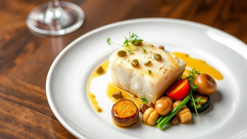 Elegant plating of halibut fillet with brown butter sauce, capers, microgreens, and seasonal vegetables arranged artfully on modern white plate, fine dining presentation