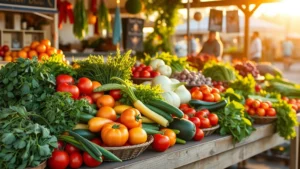 Vibrant farmers market display in Bend Oregon with seasonal vegetables, fresh herbs, heirloom tomatoes, and local produce arranged on rustic wooden tables, golden hour sunlight, hyper-realistic food photography