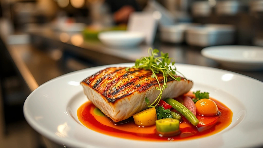 Fine dining plated dish featuring perfectly seared local protein with microgreens, colorful vegetable components, and artistic sauce presentation on white ceramic plate, professional restaurant kitchen lighting, shallow depth of field