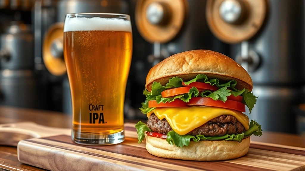Craft beer glass filled with golden IPA next to artisanal burger with house-made bun, melted local cheese, and fresh vegetables on wooden cutting board, brewery atmosphere background blurred, appetizing food photography