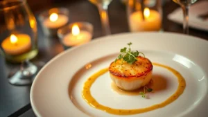Overhead view of an elegantly plated dish with seared scallop, microgreens, and delicate sauce swirl on white ceramic plate, warm candlelight reflecting off wine glasses in soft focus background, romantic restaurant ambiance