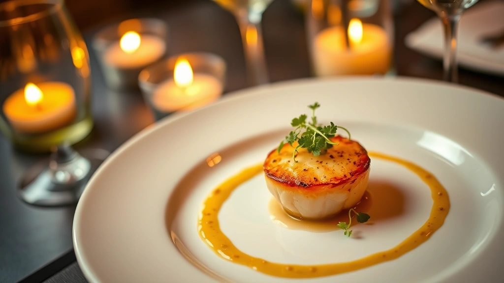 Overhead view of an elegantly plated dish with seared scallop, microgreens, and delicate sauce swirl on white ceramic plate, warm candlelight reflecting off wine glasses in soft focus background, romantic restaurant ambiance
