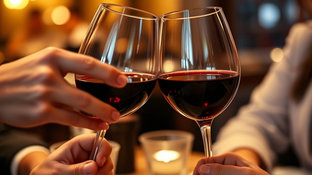 Close-up of two wine glasses clinking together mid-toast, filled with deep red wine, blurred intimate restaurant setting with warm golden lighting, couple's hands visible at table edge