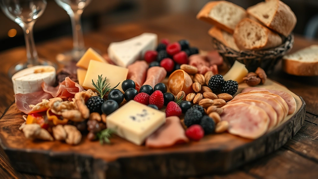Beautifully arranged charcuterie and cheese board with cured meats, aged cheeses, fresh berries, nuts, and crusty bread on rustic wooden surface, soft warm lighting creating intimate dining atmosphere, shallow depth of field