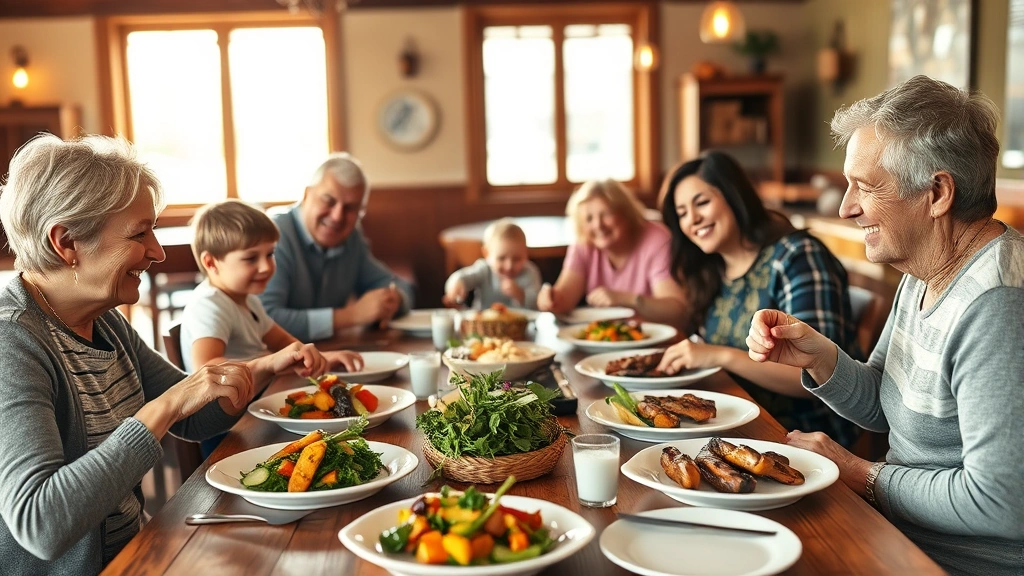 Warm, inviting family dining scene with multiple generations seated at rustic wooden table, colorful fresh vegetables and grilled proteins on white plates, soft natural lighting streaming through windows, cozy restaurant interior with warm earth tones, parents and children smiling over meal