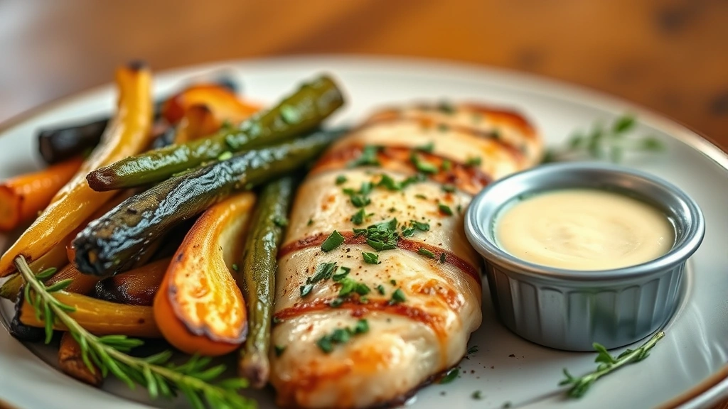 Close-up of artfully plated children's meal featuring roasted seasonal vegetables, herb-garnished protein, creamy sauce on the side in small ramekin, soft focus warm background, fresh herbs, professional culinary presentation suitable for young diners