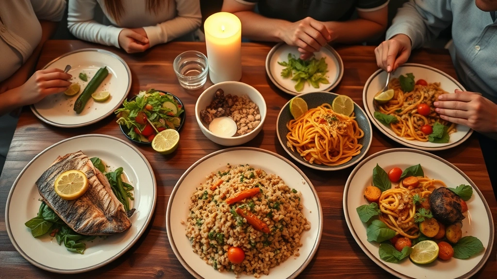Overhead view of family restaurant table with diverse plates representing different dietary preferences: grilled fish with lemon, vegetable-forward grain bowl, pasta with light sauce, fresh salad, all arranged for sharing and conversation, warm candlelight, blurred family members in background
