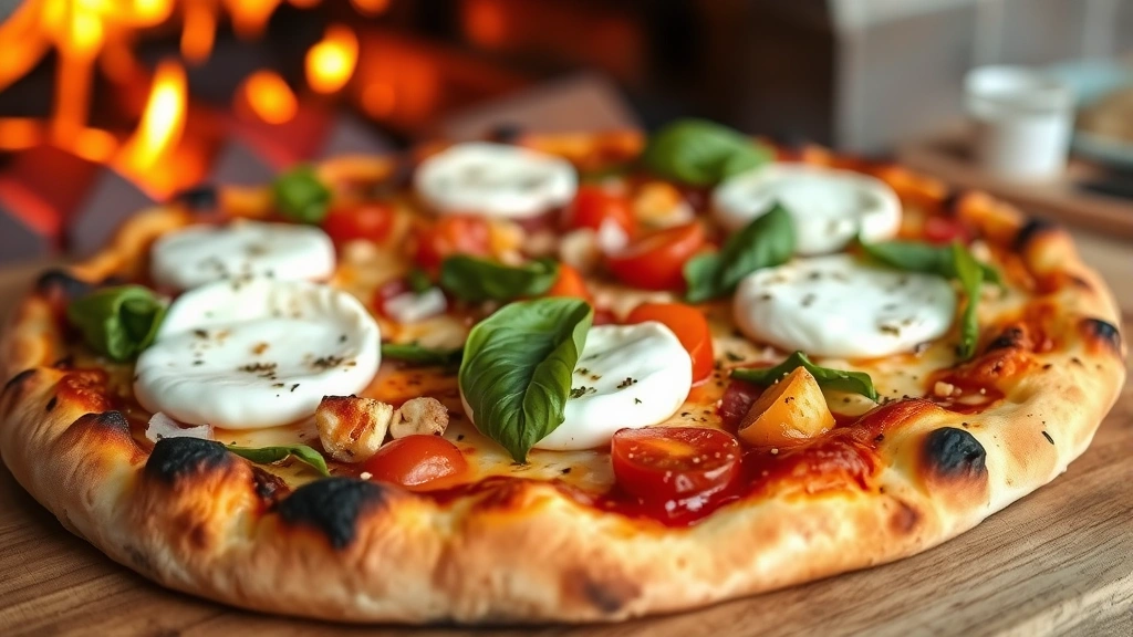 Golden-brown gluten-free pizza with charred crust, fresh mozzarella, basil, and colorful vegetable toppings, wood-fired oven background slightly blurred, appetizing presentation
