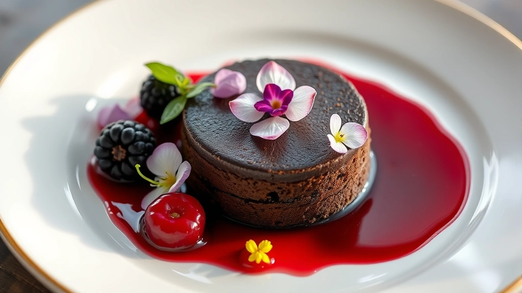 Elegantly arranged gluten-free dessert plate featuring flourless chocolate cake with berry coulis, edible flowers, and delicate pastry garnish, fine dining presentation, soft natural lighting