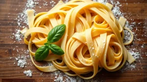 Overhead shot of freshly made tagliatelle pasta arranged on wooden surface with dusting of flour and fresh basil leaves, dramatic warm lighting, shallow depth of field