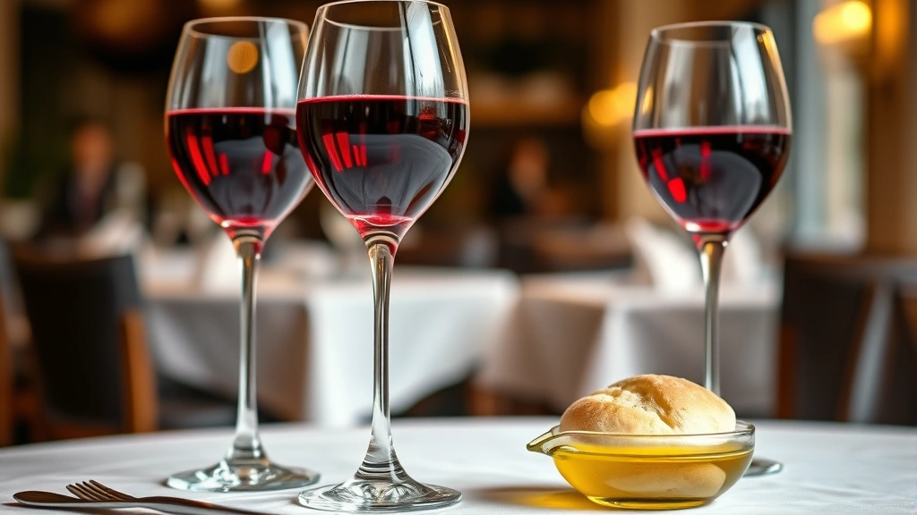 Elegant Italian table setting with wine glasses containing ruby red wine, small white bread roll, olive oil in glass vessel, blurred warm restaurant ambiance background