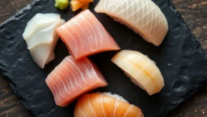 Close-up overhead view of pristine nigiri sushi pieces arranged on a dark slate board, featuring translucent fluke, fatty tuna belly, and buttery scallop, with wasabi and pickled ginger, natural lighting highlighting the fish's delicate texture and color gradations
