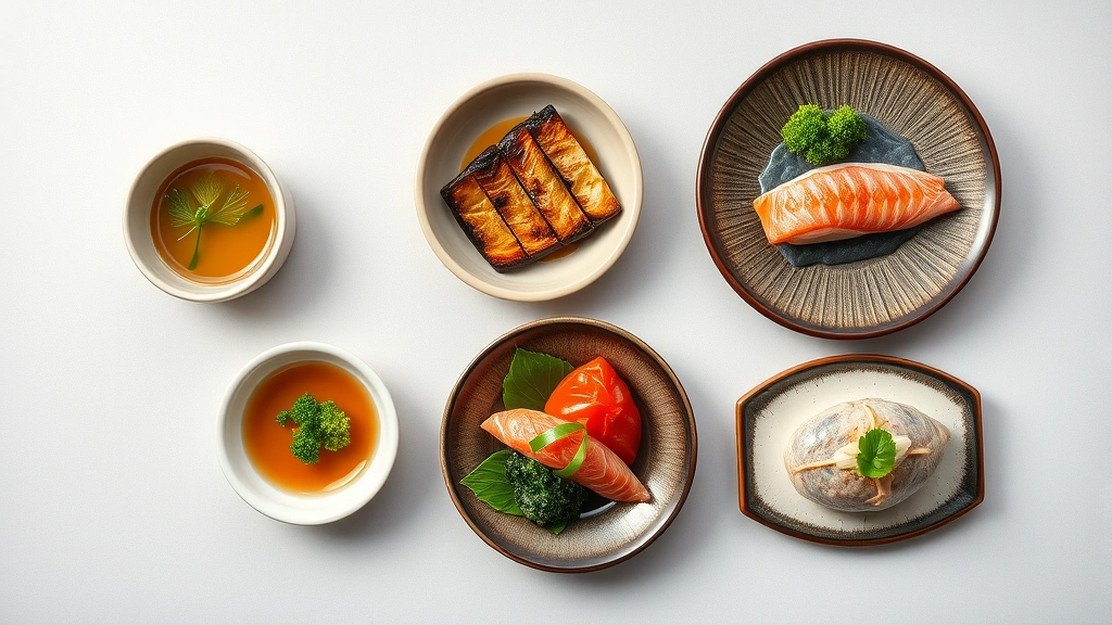 Artistic flat-lay of a kaiseki multi-course progression showing five small ceramic bowls and plates containing different seasonal preparations: clear broth with vegetable, grilled fish, steamed preparation, raw ingredient, and finished dish, showcasing color variety and plating sophistication