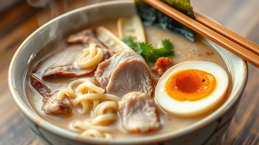 Steaming bowl of tonkotsu ramen with creamy milky broth, perfectly coiled noodles, sliced chashu pork, soft-boiled egg halves, bamboo shoots, and nori seaweed, steam rising visibly, wooden chopsticks resting on the bowl rim, close-up food photography