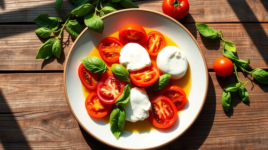 Vibrant Mediterranean lunch plate featuring fresh heirloom tomatoes, creamy burrata cheese, basil leaves, and golden olive oil, photographed from above with natural sunlight streaming across rustic wooden table