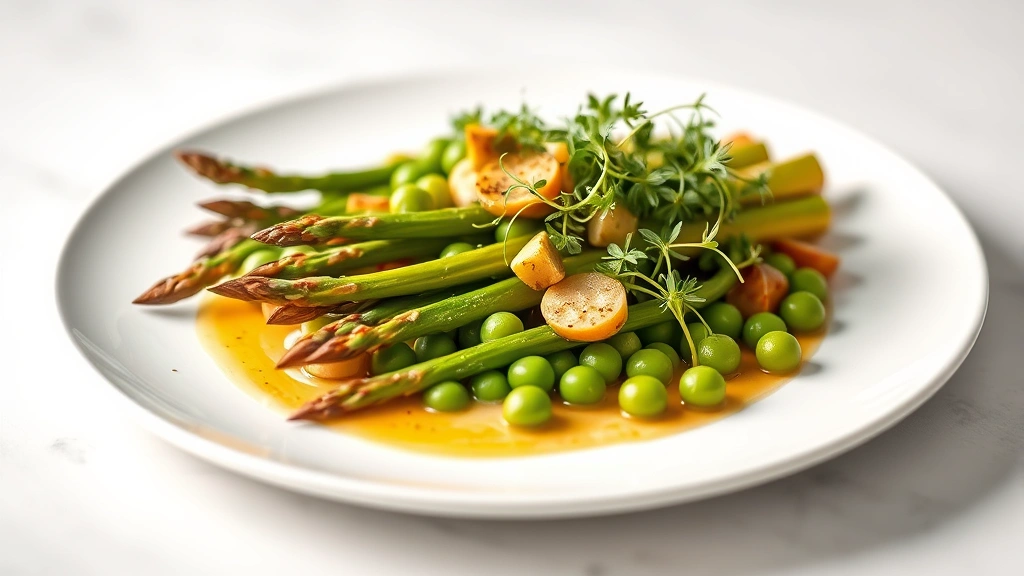 Artistic plating of seasonal spring vegetables including tender asparagus spears, peas, and microgreens arranged on white ceramic plate with subtle sauce accent, professional food photography with shallow depth of field