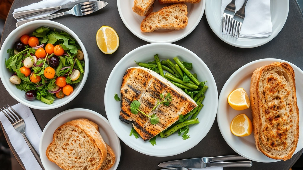 Overhead shot of diverse lunch spread showing colorful salad bowl with mixed greens, grilled fish fillet with herb garnish, crusty artisanal bread, and fresh lemon wedges arranged on cafe table with napkins and cutlery