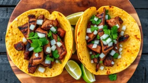 Close-up overhead shot of vibrant street tacos with charred corn tortillas, grilled carne asada, fresh lime wedges, diced white onion, and cilantro garnish on rustic wooden serving board, natural daylight
