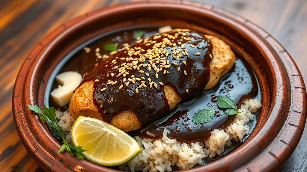 Artfully plated mole negro sauce coating tender chicken breast, topped with sesame seeds, surrounded by traditional Oaxacan clay plate, garnished with fresh herbs and lime, warm golden lighting