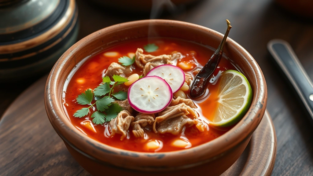Rustic clay bowl of pozole rojo with tender pork, hominy, fresh cilantro, sliced radish, lime wedge, and dried chile garnish, steaming hot broth visible, traditional Mexican kitchen setting