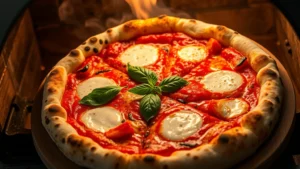Overhead shot of artisanal wood-fired pizza with leopard-spotted crust, melted mozzarella, fresh basil, and San Marzano tomato sauce, steam rising from oven opening in background