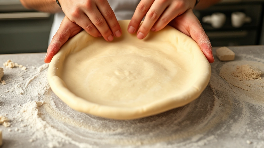 Hands of pizzaiolo stretching dough into thin circle, showing proper gluten development and dough elasticity, flour dust in air, professional kitchen background